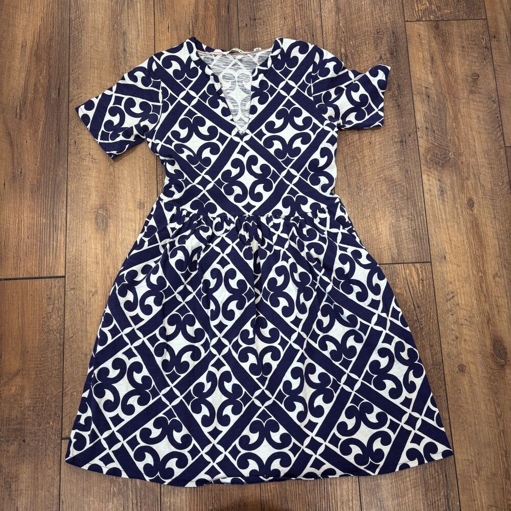 Boden Women's 2R Navy Blue White Midi Dress Geometric Resort Boho V-Neck Classy - Picture 2 of 7
